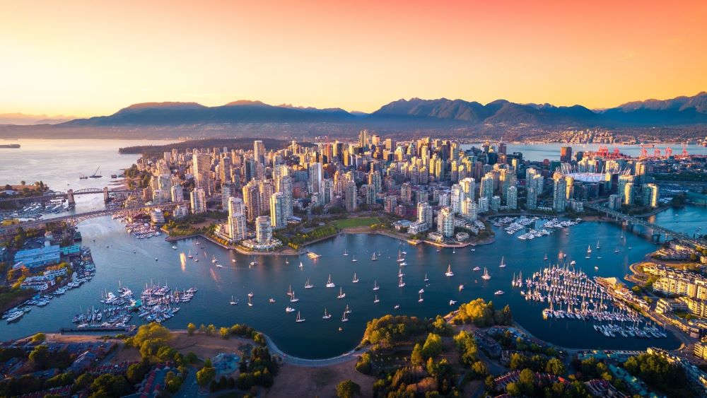 aerial view of city skyline at dusk