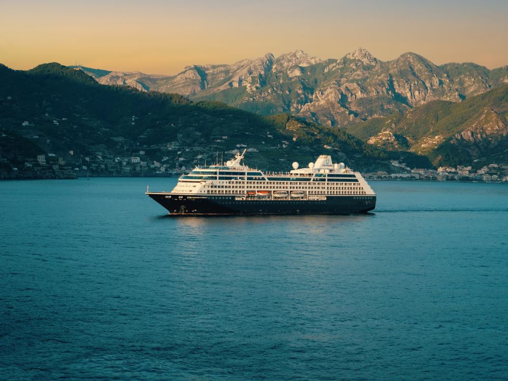 Azamara ship pulling out of harbor in Amalfi, Italy.
