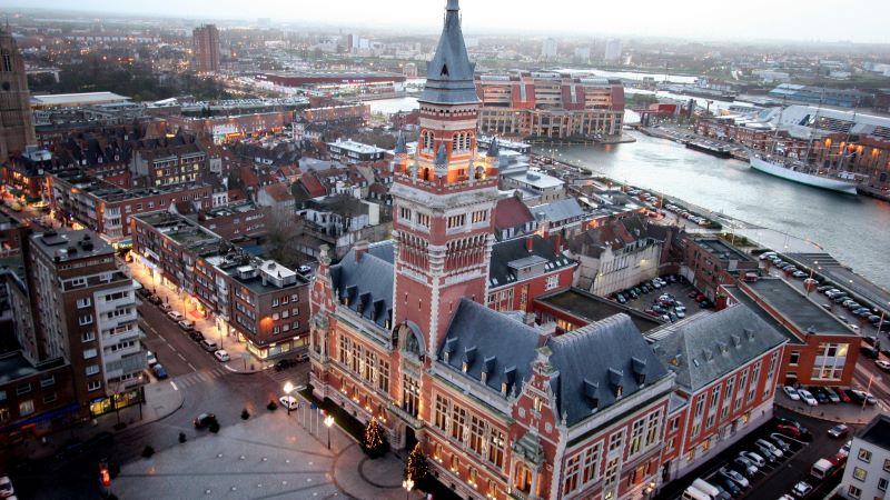 aerial view of large historic building in city