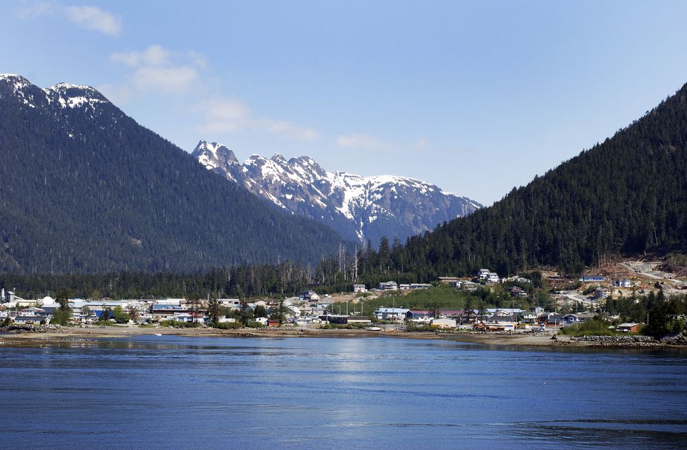 Snow-capped mountains and coastal views overlooking Sitka, Alaska.