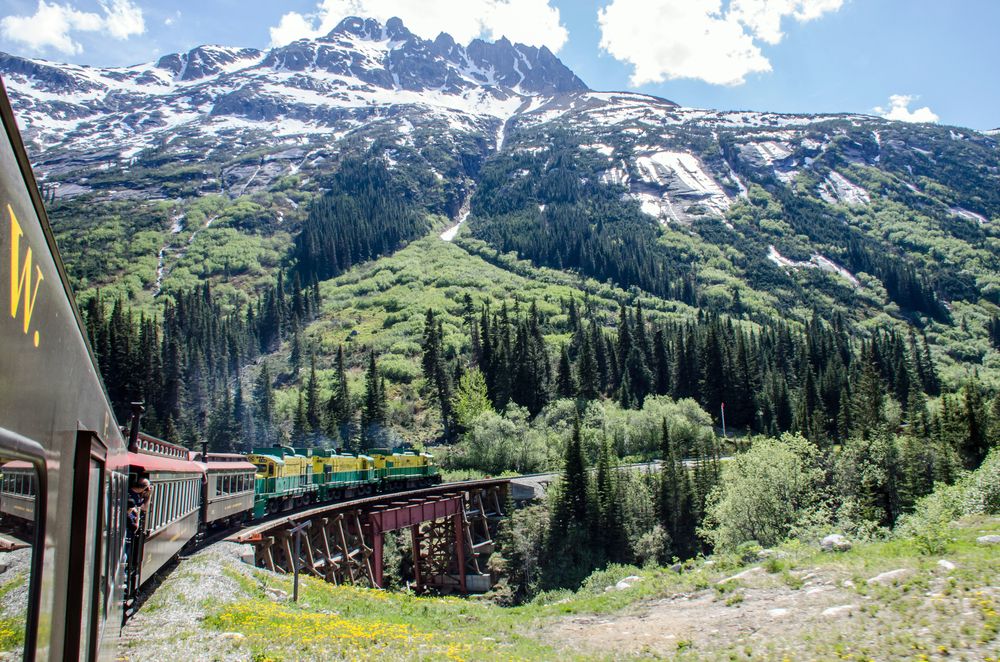 Scenic mountain views from the White Pass & Yukon Route Railway in Skagway, Alaska.